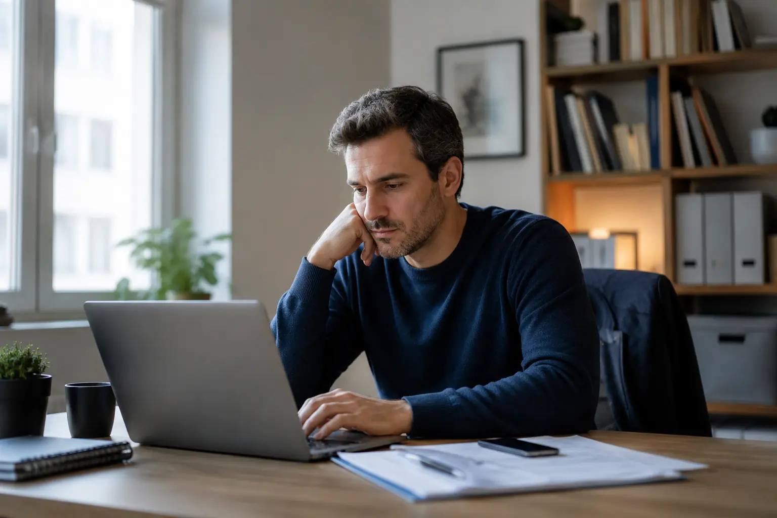 Uomo impegnato al lavoro che continua a svolgere le attività quotidiane nonostante la perdita di interesse, energia e vitalità tipica della depressione