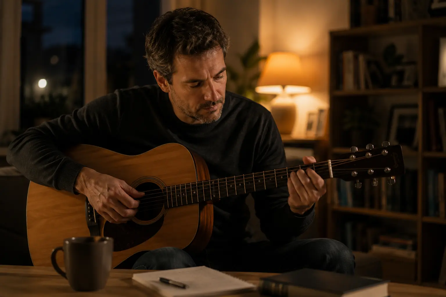 Uomo che riscopre una passione personale suonando la chitarra dopo un periodo di depressione e perdita di vitalità